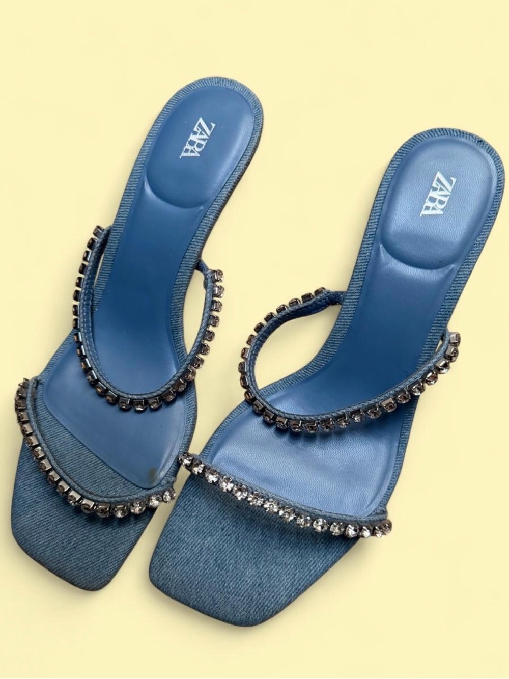 Zara Blue Crystal-Trim Denim Slide Sandals